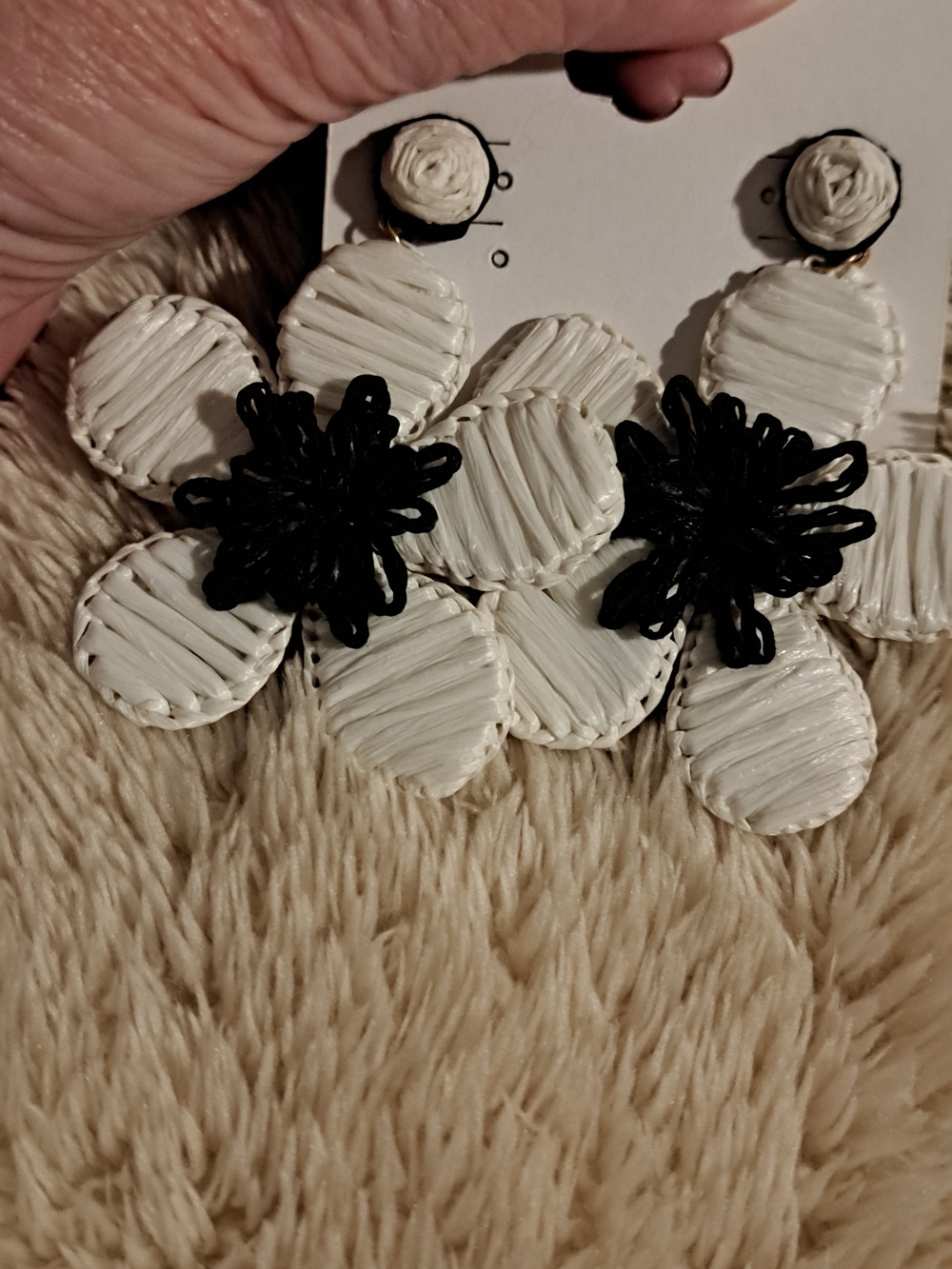 Handwoven White and Black Floral Statement Earrings